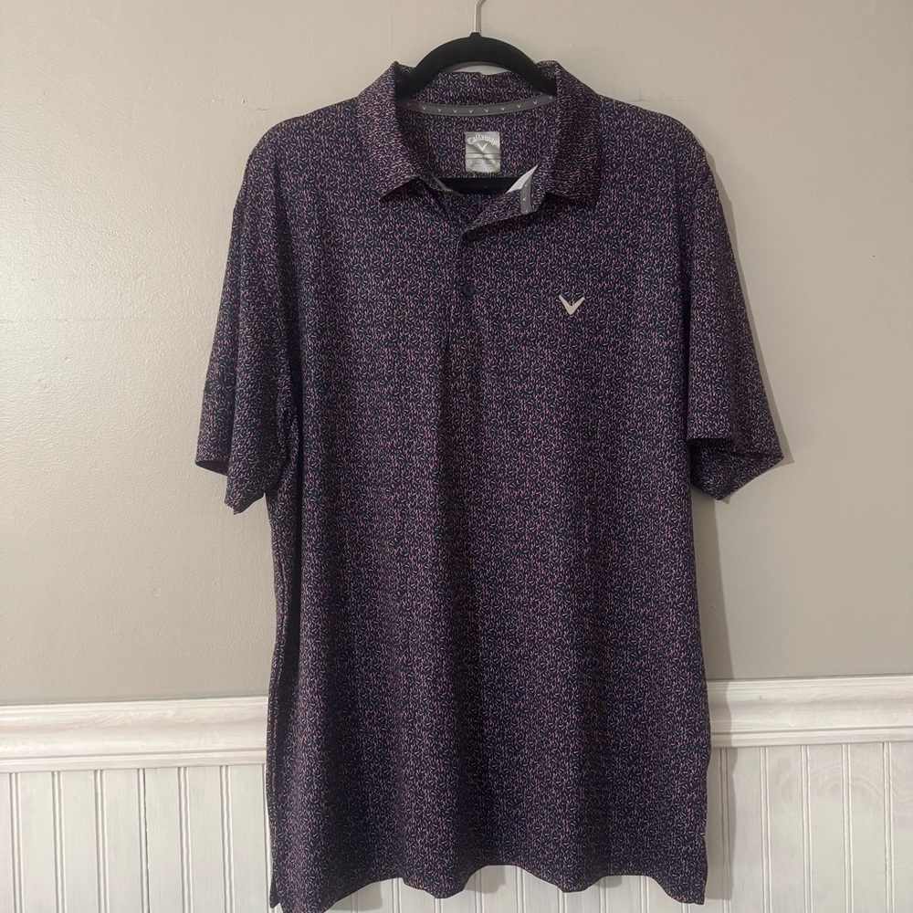 Callaway Golf Polo Shirt Mens Large All Over Print Peppers Opti Dri Stretch Navy